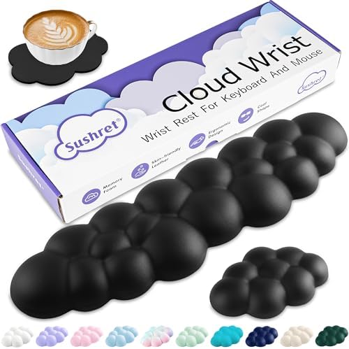 Sushret Cloud Wrist Rest Keyboard, Cloud Keyboard Wrist Pad Set with PU Leather Memory Foam, Cute Arm Rest for Palm Support, PC/Gaming Desk Accessories/Office Setup/Computer Hand Cushion - Black