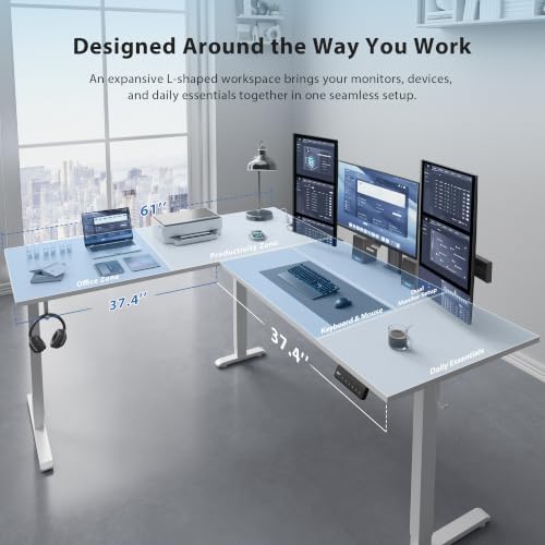 75x61 Inch L Shaped Electric Standing Desk, Corner Workstation, White