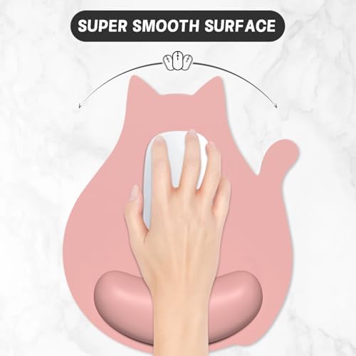 Ergonomic Mouse Pad with Wrist Rest, Cute Cat Memory Foam Padded Pain Relief Non-Slip Wrist Support Mouse Mat for Gaming Work Computer Laptop, Funny Office Supplies Desk Accessory, Rose Pink