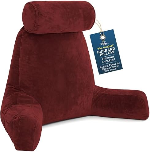 Husband Pillow XXL The Original for Adults - 30" Tall Backrest for Sitting Up in Bed - Firm Support Reading & Bed Rest Pillows for Adults, Neck Roll, Removable Cover - TV - Maroon