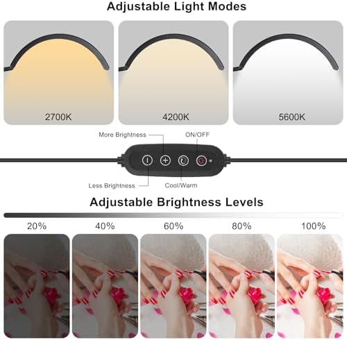 Professional Half Moon LED Desk Light for Nail Techs & Artists – Flexible Gooseneck Lamp with Clamp, 5 Color Modes & 5 Brightness Levels for Manicure, Tattoo, Beauty Work