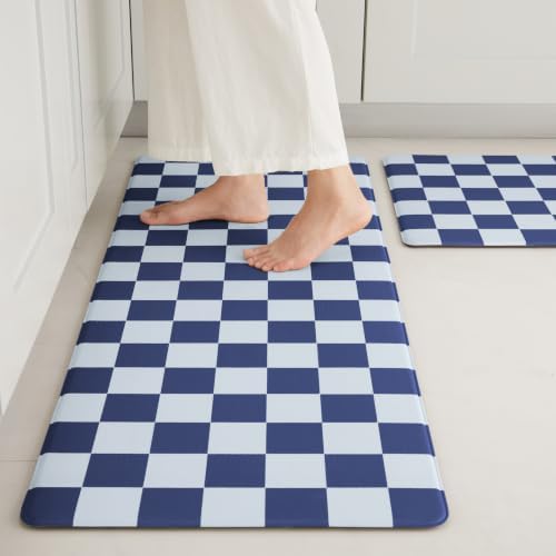 Ohocut Navy Blue Checkered Kitchen Mats for Floor Set of 2, 2 Pcs Cushioned Non Slip Runner Rugs for Kitchen/Sink/Laundry, Comfort Aesthetic Cute Anti-Fatigue Foam Floor Mat 17.3"x29.5"+17.3"x47.2"