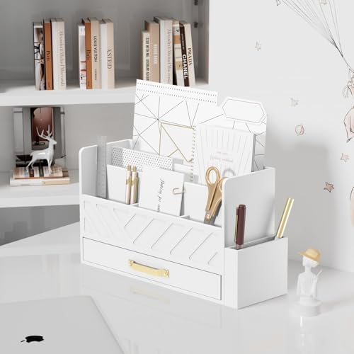 Bamboo Mail Organizer Countertop Pen Holder Wooden Desktop Storage Drawers