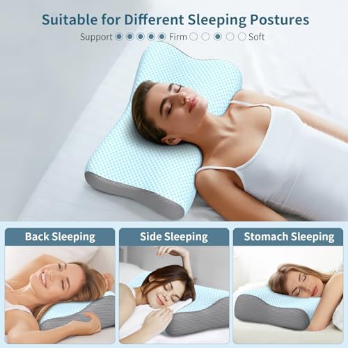 Neck Pillow Contour Memory Foam Pillows for Pain Relief Bed Pillow for Sleeping, Ergonomic Pillow for Neck and Shoulder Pain, Orthopedic Cervical Pillow for Side Back Stomach Sleeper (Light Blue)