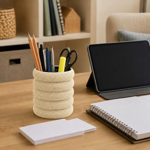 PowerTRC 3D Printed Grideo Pen Holder for Desk – Modern Pencil Cup Organizer, Office Supplies Holder, Classroom Teacher Desk Decor, Home Office Gift, Made in USA (Bone White)