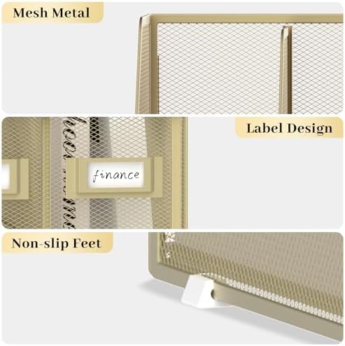 SUPEASY Desk Organizers Metal Desk Magazine File Holder with 5 Vertical Compartments Rack File Organizer for Office Desktop, Classroom, Home Workspace, Golden Yellow