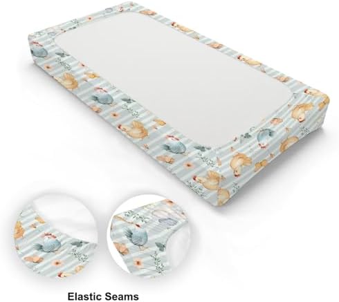 Watercolor Farm Chicken Butterflies Flowers Floral Stripes Baby Changing Pad Cover, Unisex Chicken Nursery Diaper Changing Table Pad Mat Sheet for Boys Girls-16x32