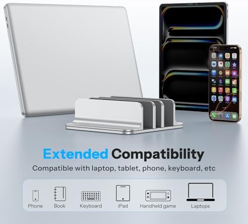 OMOTON 3-Slot Multiple Vertical Laptop Stand, Fits MacBook, Bright Silver