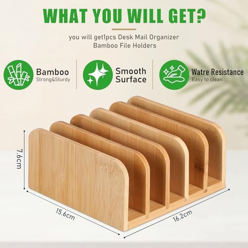 Lineshading Bamboo Letter Organizer, 5 Compartments Desk Mail Organizer, Desktop Envelope Holder and Letter Sorter, Countertop Paper File Holders with Anti Slip Mat for Home Office(Bamboo Color)