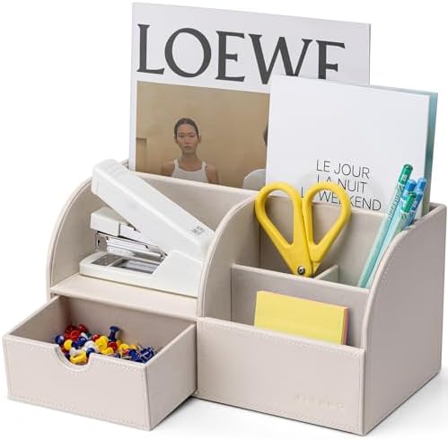 VLANDO Office Desk Organizer Leather Desktop Organizer Caddy with Drawer for Storing Desktop Supplies and Accessories (White)