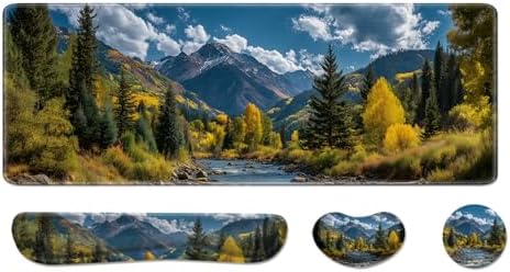 Desk Pad and Keyboard Wrist Rest, Large Mouse Pad + Keyboard Pad+Mouse Wrist Support, Non-Slip Desk Mat Protector for Office, Home 31.5×11.8 Inches Fall Forest