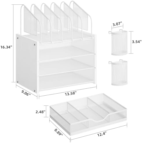 Marbrasse Desk Organizer with Drawer, 4-Tier Wooden File Organizer with 5 Vertical File Holders and 2 Pen Holders, Desk Organizers and Accessories for Home Office - White
