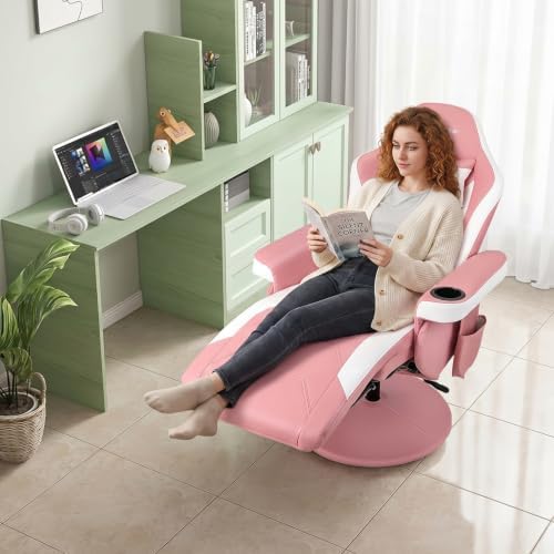 POWERSTONE Gaming Recliner, Adjustable Massage Gaming Chair with Cup Holder Footrest Ergonomic Single Sofa Living Room Home Theater Seating with Side Pouch (Pink)