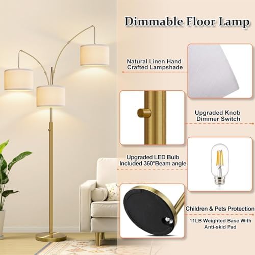 Dimmable Floor Lamp, 3 Lights Brass Arc Floor Lamp, Modern Tall Standing Tree Lamp with Beige Linen Shades & Heavy Base, 3000LM LED Bulbs, Bright Lighting for Living Room, Bedroom, Office & Reading