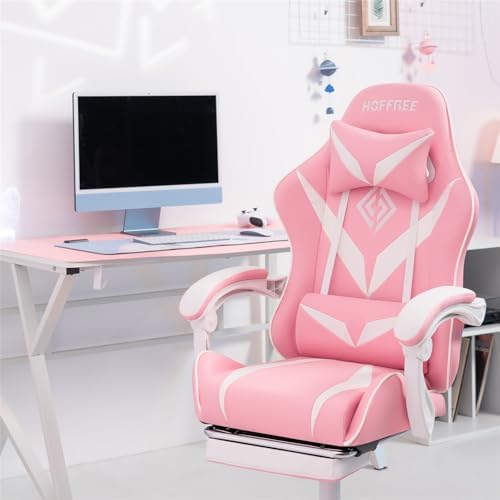 Pink Gaming Chair with Massage Footrest Ergonomic Computer Chair for Girls
