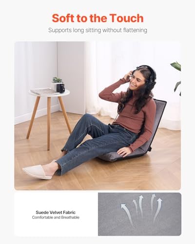 VEVOR Floor Chair, 6-Position Adjustable Meditation Chair with Back Support, Folding Sofa Chair for Reading TV Watching and Gaming, Portable Floor Seat Lounge Sofa Chair for Kids Teens Adults, Gray