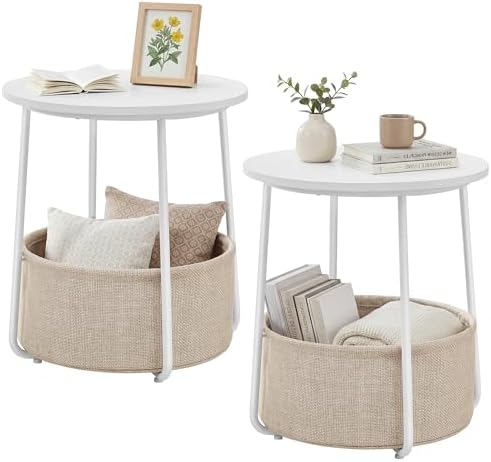 SONGMICS HOME Small Side Tables, Round End Tables, 2 Tier Nightstands with Basket, U Shaped Steel Legs, Easy Assembly, for Living Room, Bedroom, Set of 2, White and Brown