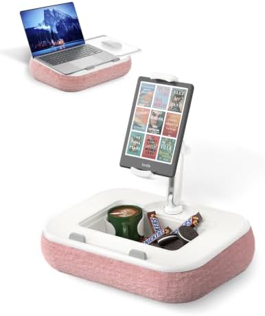 Viozon Kindle Pillow Stand Holder, Phone Holder for Bed, Laptop Lap Desk with Mouse Pad,Compatible with 4.7-13" Kindle/Tablet/Phone,10-15" Laptop, Snack Bowl&Cup Attachment&Detachable 360° Stand Arm,P