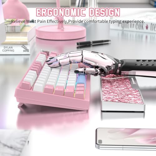 SELORSS x MANBASNAKE 68-key CNC Aluminum Alloy Keyboard Wrist Rest with Partition Storage Case, 2 Acrylic Top Covers, Ergonomic Non-Slip Support for TKL Mechanical Keyboard, Ideal for Office/Home-Pink