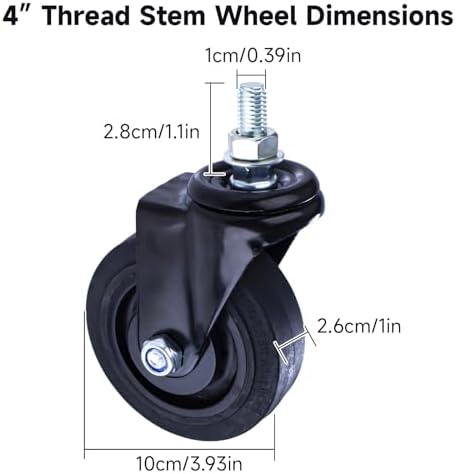 4 Inch Stem Caster Wheel Heavy Duty Threaded Quiet 360° Swivel Caster for Cart,Furniture,Office Desk Chair,Caster,Workbench,Garage Storage,Tool Cabinet Wheels Replacement