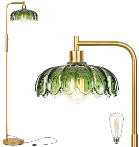 Ruiever Glass Floor Lamp for Living Room, Dimmer Standing Lamp with Green Lampshade,66” Tall Lamp & Gold Floor Lamp for Bedroom Study Room,Brushed Gold LED Bulb Included (Flower Green Glass Shade)