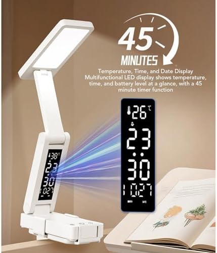 LED Desk Lamp with Clamp, Foldable Eye Care Light with Clock Thermometer