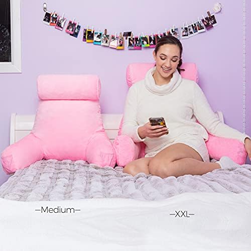 Husband Pillow Medium Reading Pillow with Arms - 23" Backrest for Sitting Up in Bed - Firm Support Bed Rest Pillow for Adults, Neck Roll, Removable Cover - TV, Reading, Lounging - Pink