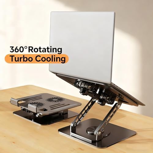Laptop Stand for Desk with Quiet Cooling Fans - 360 Rotating Base Ergonomic Computer Stand, Aluminum Laptop Riser Foldable Protable for Office Home fits MacBook Air Pro, Dell, HP (10-17.3'') (silver)