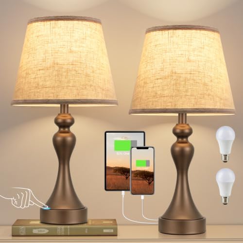 Touch Lamps for Nightstand, 3 Way Dimmable Bedside Lamps with USB C+A Ports