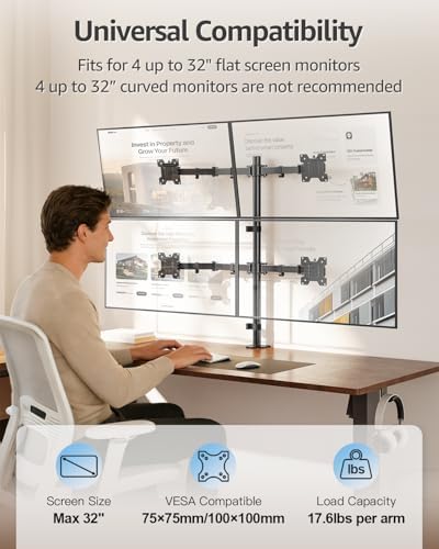 MOUNTUP Quad Monitor Stand, 4 Monitors Desk Mount for 17 to 32 inch Computer Screens, Fully Adjustable Stacked Mount with Tilt Swivel, 4 Heavy Duty Monitor Mount, Holds up to 17.6lbs per Arm