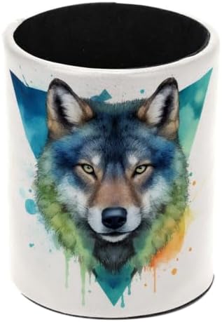 Leather Pen Holder for Desk, Watercolor Wolf Pencil Cup Pen Organizer Makeup Brush Holder for Office Home Kids Countertop Desk Accessory Storage