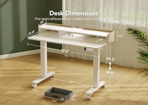 Claiks Standing Desk with Drawers & Wheels, 2 Height Shelf 40" White