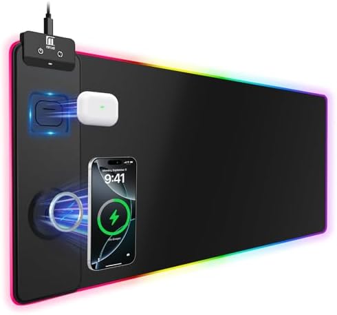 Mouse Pad with Magnetic Wireless Charging, Large Desk Pad Protector, RGB Black Mousepad Desk Mat with 15W Fast Charger, 4mm Thick Non-Slip, Waterproof Laptop Writing Pad for Office, Home, Gaming