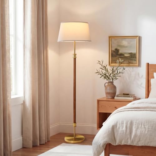 ZenGlimmer Mid Century Dimmabe Floor Lamp, Dark Walnut Wood Pole Standing Lamp with 18” Linen Shade, Brushed Gold Aluminum Accents, 11” Weighted Base for Living Room Bedroom