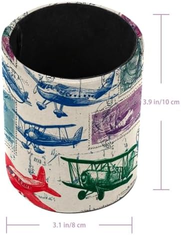 Leather Pen Holder for Desk, Airplane Retro Stamps Pencil Cup Pen Organizer Makeup Brush Holder for Office Home Kids Countertop Desk Accessory Storage