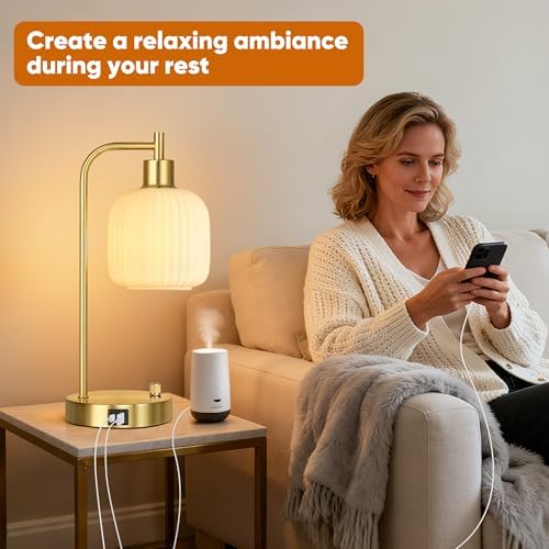 Cream Glass Table Lamps Set of 2, Dimmable Bedside Lamps for Living Room