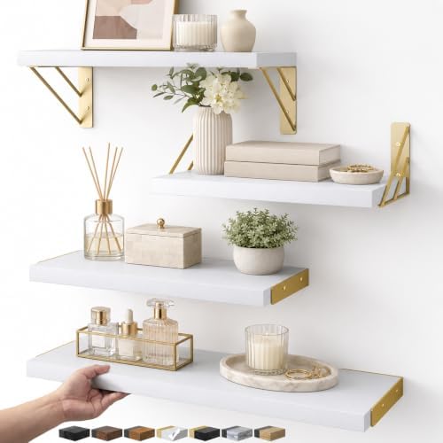 BAYKA Wall Mounted Floating Shelves (White and Gold, Set of 4, 16" Mixed)