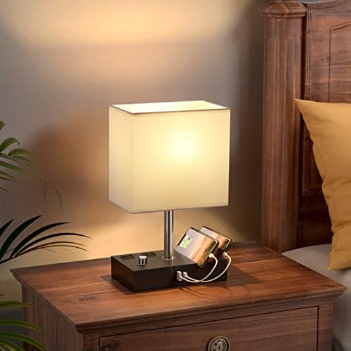 White Table Lamp for Bedroom - Stepless Dimmable, USB C+A, 2 AC Outlets