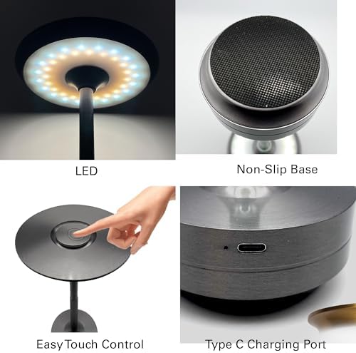 Cordless Table Lamps Rechargeable, Portable Battery Operated Lamp, 3 Color Stepless Dimming LED Table Light with Memory Function, for Outdoor/Dinner/Patio/Restaurant (Dark Silver)