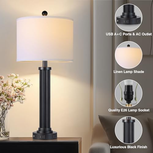 28" Tall Modern Table Lamps Set of 2 with USB C+A Ports and AC Outlet, 3 Way Touch Metal Bedside Lamps for Bedroom, Black Nightstand Lamps for Living Room