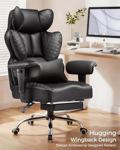 COMHOMA Big and Tall Office Chair Heavy Duty Gaming Chair with Deluxe Embossing Leather High Back Wider Ergonomic Computer Chair with Foot Rest 145°Reclining Pocket Spring Lumbar Support