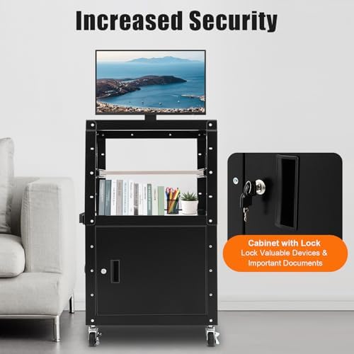 AV Presentation Cart Stand with Locking Cabinet, Steel Rolling Metal Cart On Wheels, Rolling Tv Stand with Power Outlet, Computer Cart On Wheels, Computer Cartwith Keyboard Tray 1.5m Cable