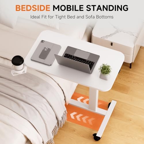 GTPLAYER Small Standing Desk with Lockable Wheels, Pneumatic Mobile Rolling Laptop Desk,Adjustable Height Overbed Bedside Table Computer Workstation for Home Office (28" W x 16" D, White)