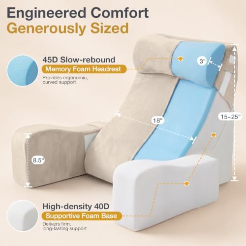 Sasttie 15-25 inch Adjustable Reading Pillow with Armrests, Beige