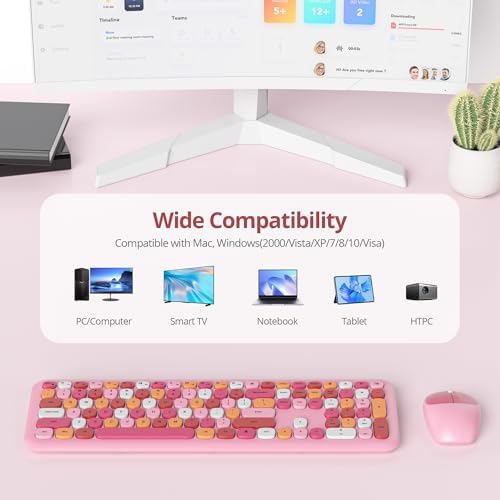 Surmen Cute Colorful Pink Keyboard and Mouse Wireless Silent, Full-Size Retro Typewriter Wireless Quiet Office Keyboard Low-Noise 2.4GHz for Computer, Desktop, Laptop(6-Colorful Pink)
