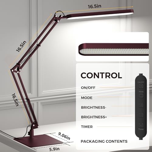 SKYLEO LED Desk Lamp with Slim Base - Adjustable Swing Arm Desk Light, Dimmable, Timer, Eye Protection, Memory Function, 1300LM, 12W, Red