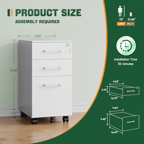 Letaya 3 Drawer Mobile File Cabinet with Lock,Under Desk Metal Filing Cabinets for Home Office Organizer,Small Rolling Printer Stand with Wheels,for Letters/Legal/A4(Assembly Required) (White)