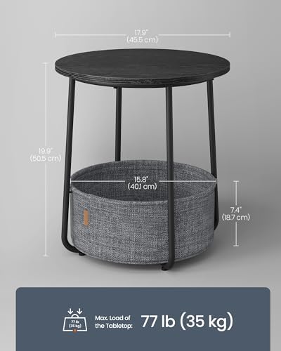 SONGMICS HOME Small Side Table, Round End Table, 2 Tier Nightstand with Basket, U Shaped Steel Legs, Easy Assembly, for Living Room, Bedroom, Black and Gray