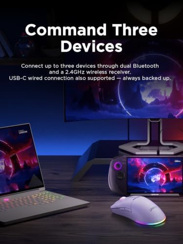 Lenovo Legion M220 Wireless RGB Gaming Mouse, Tri-Mode (Bluetooth, 2.4GHz & Wired), 5000 DPI Optical Sensor, 2-Zone RGB Lighting, 100Hr Battery, 7 Buttons, USB-C Rechargeable, Aurora Purple