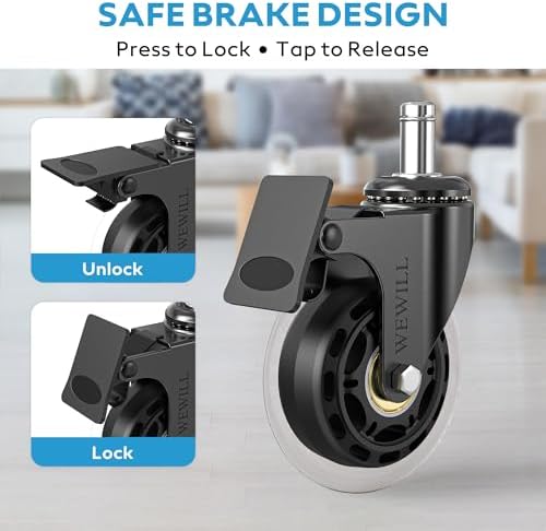 WEWILL Office Chair Wheels - Rubber Casters Replacement Universal Fit 98% Chair(Set of 5) Heavy Duty 3 Inch Smoothly & Quietly Safe for All Floor, Hardwood, Tile, Carpet, Noise Free - Transparent